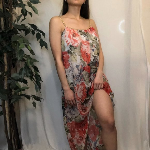 Flowy Comfortable Floral High Low Summer Dress with Braided Gold Straps - Picture 4 of 7